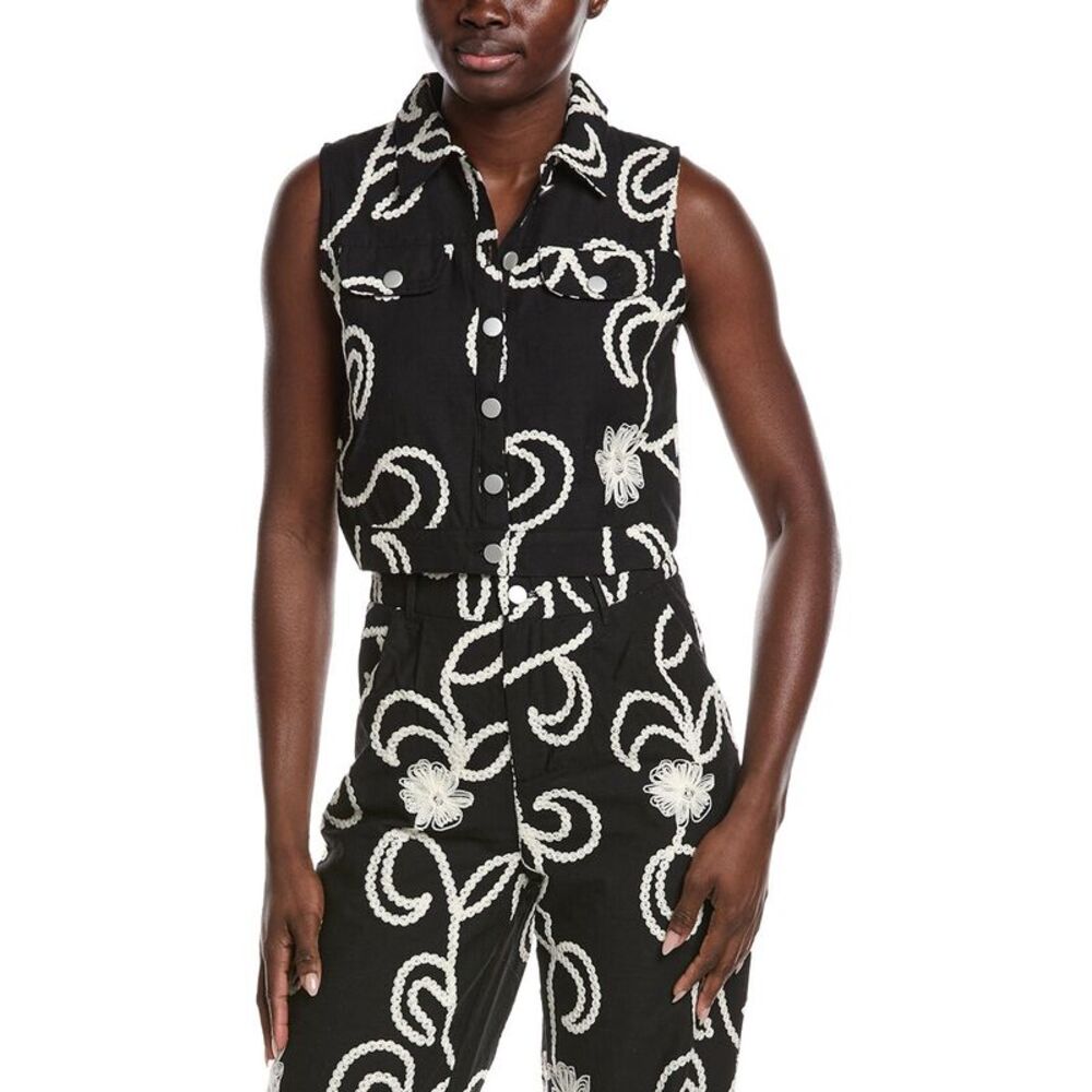 Gracia Womens Sleeveless Embroidered Button Down Vest, Black
